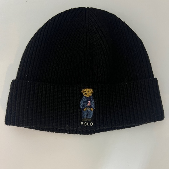 Polo Ralph Lauren Accessories - POLO Ralph Lauren Unisex One Size Black Wool Blend Flag Bear Rib-Knit Beanie